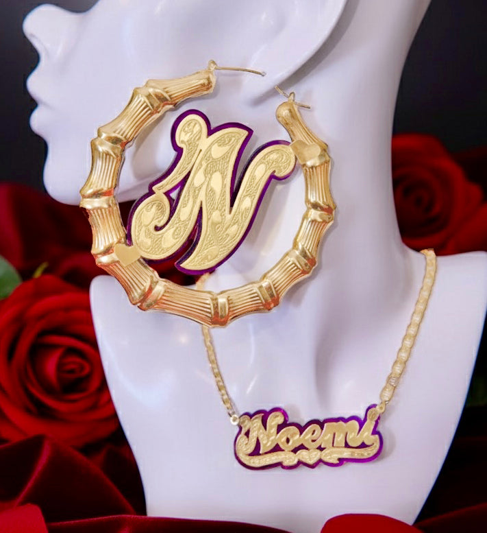 Onyx Initial Bamboo Earrings Set