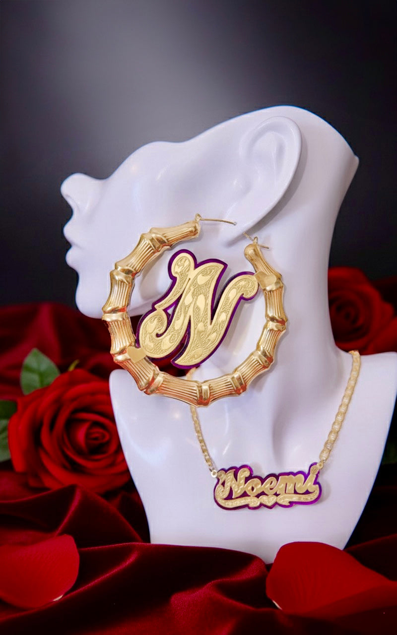 Onyx Initial Bamboo Earrings Set