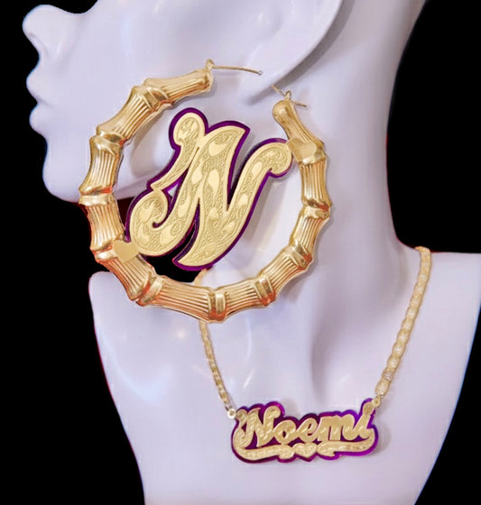 Onyx Initial Bamboo Earrings Set