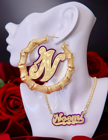 Onyx Initial Bamboo Earrings Set