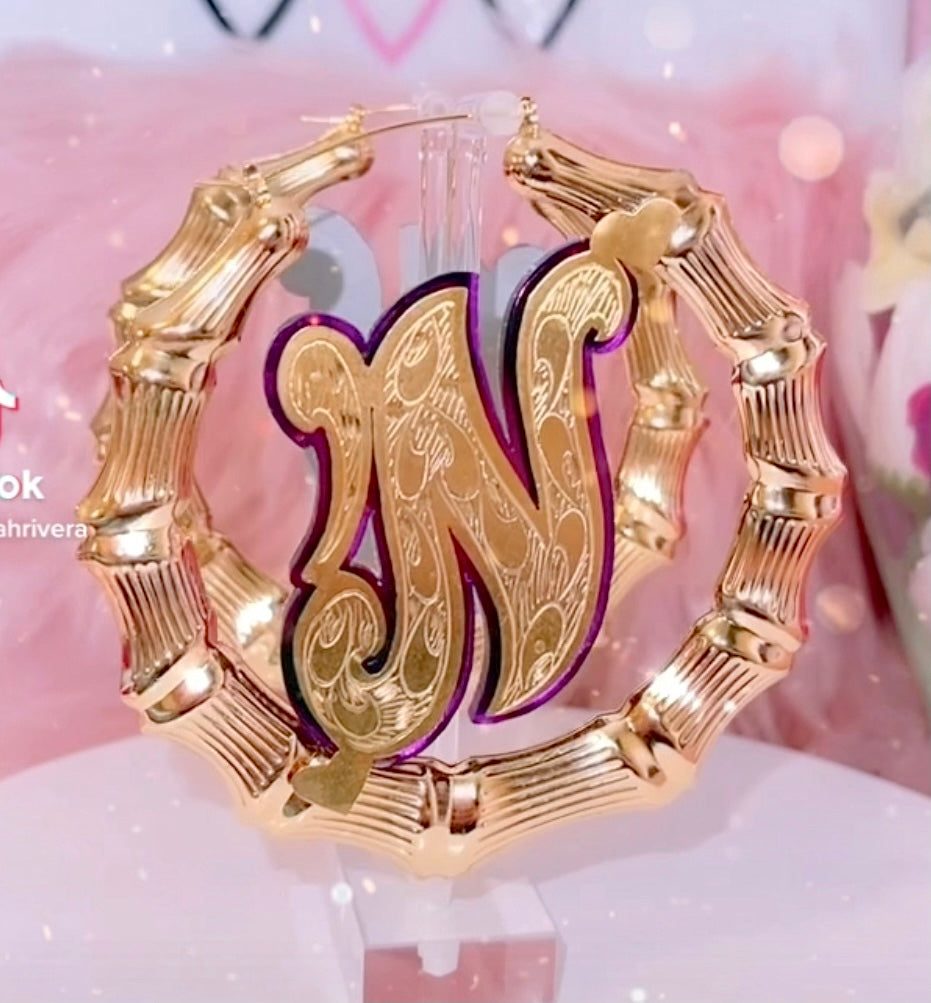 Onyx Initial Bamboo Earrings