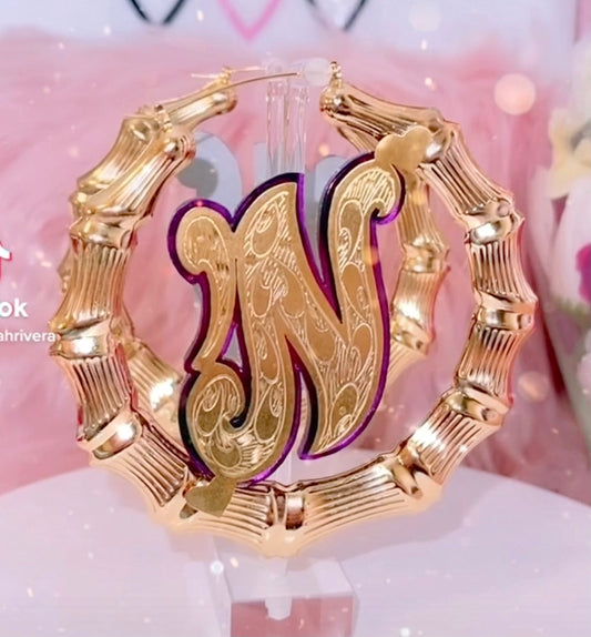 Onyx Initial Bamboo Earrings