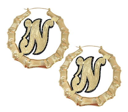 Onyx Initial Bamboo Earrings